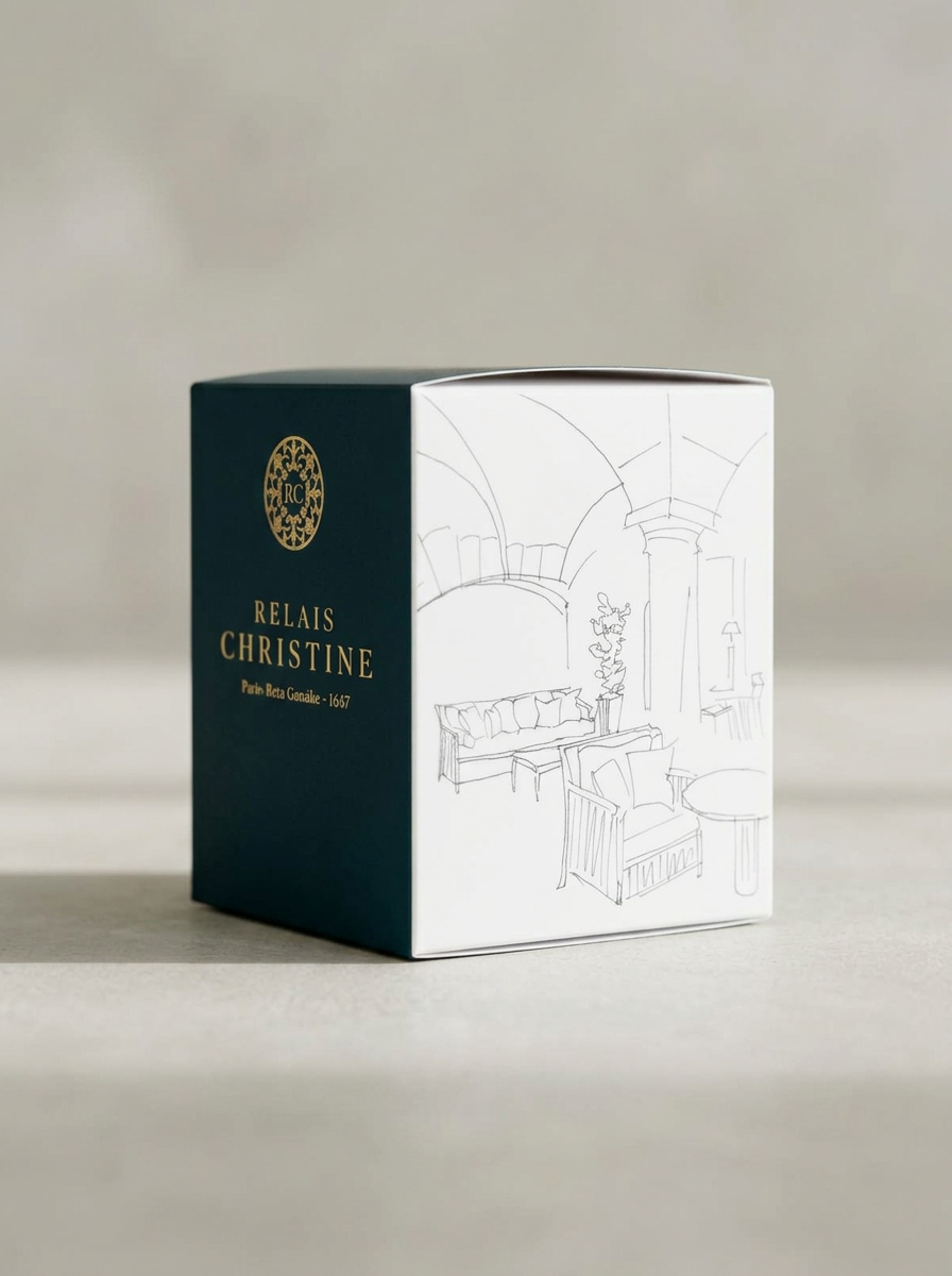 Coffret Relais Christine, illustration au trait du salon voûté de l'hôtel
